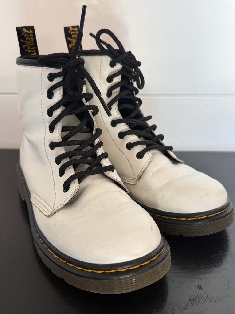 Dr. Martens White Leather Lace-Up Boots with Black Laces